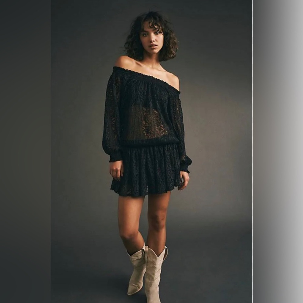 Free People Black Carina Meadow Lace Mini Dress Matching Lace Bandeau Small NWOT
